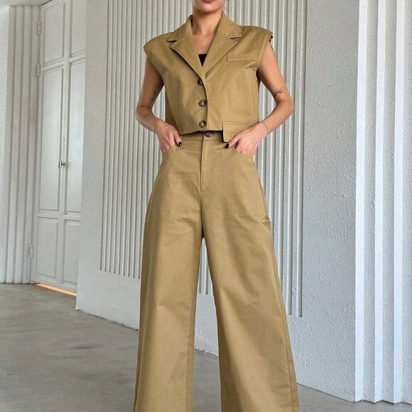 Khaki Casual Women's Turn-Down Collar Batwing Sleeve Top And Wide-Leg Pants Suit - Picture 7 of 9